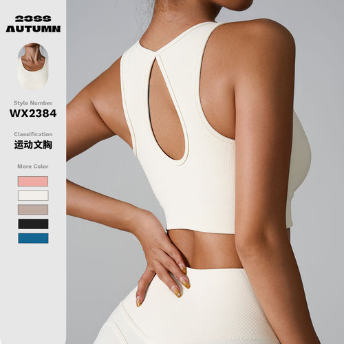 Ins 2024 Spring & Summer European and American Cross-Border Sports Bra with High-Intensity Shock Absorption Yoga Clothes Nudist Ribbed Sports Backless Bra