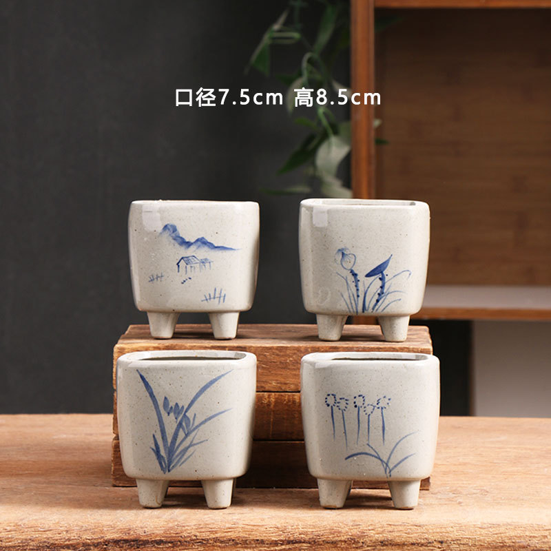 Maceta carnosa cuadrada azul y blanco, cerámica, arcilla doméstica simple, placa de flores de cerámica gruesa, maceta de cerámica pequeña, liquidación, venta al por mayor