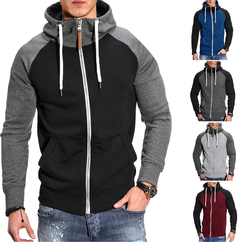 Foreign Trade European Size Men's Color Splicing Fitness Sports Men's Sweater Casual Fashion Contrast Raglan Sleeve Cardigan Top Foreign Trade European Size Men's Color Splicing Fitness Sports Men's Sweater Casual Fashion Contrast Raglan Sleeve Cardigan Top
