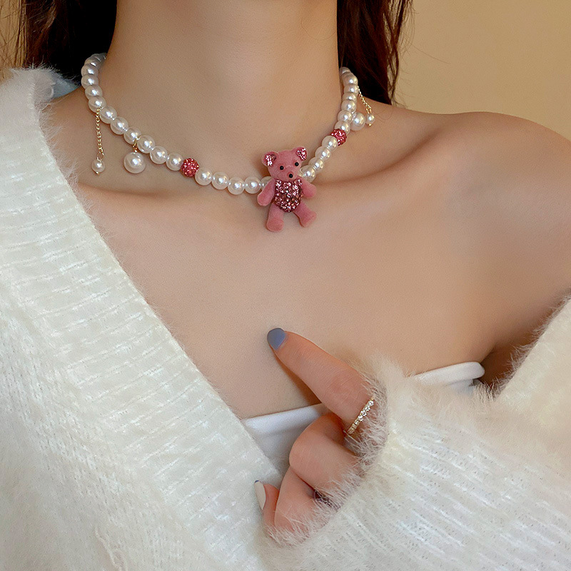 fashion inlaid rhinestone flocking bear cartoon cute pink earrings necklace