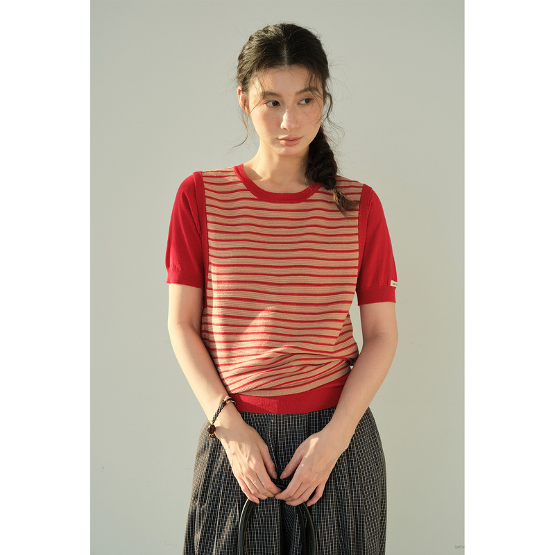 [Special Offer, No Refunds or Exchanges] Original 125 Linen Blend Black and White Striped Knit Short-Sleeve Base T-Shirt 257025