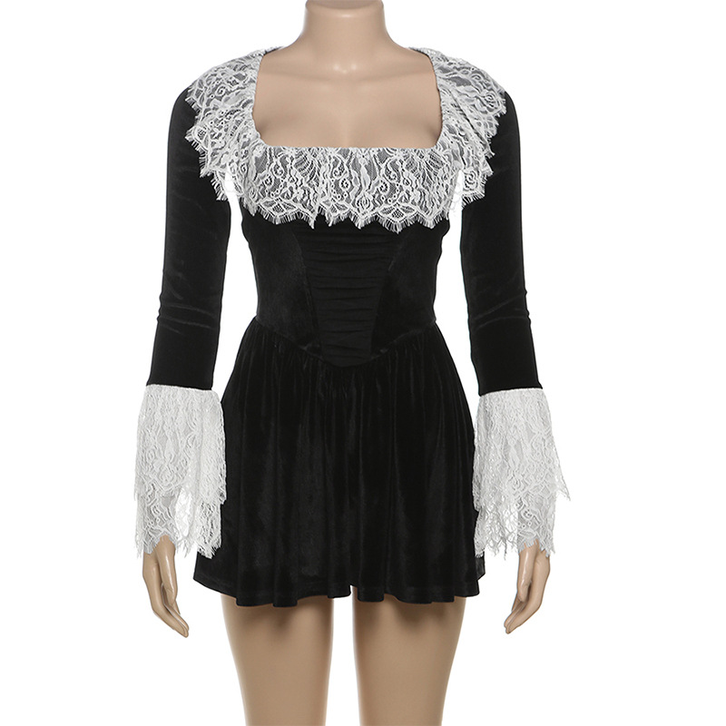 Women Clothing Autumn Winter French Square Collar Lace Bell Sleeve Dress Women