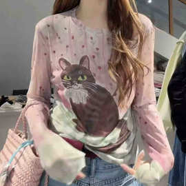 不退换朵9562韩系甜美风夏季网纱防晒罩衫粉色小猫印花长袖T恤女