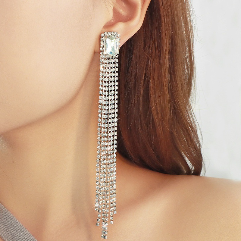 Pendientes largos geométricos con borlas y diamantes para mujer, estilo coreano, aretes sexys y exagerados, joyería de oreja de lujo ligero y exquisita.