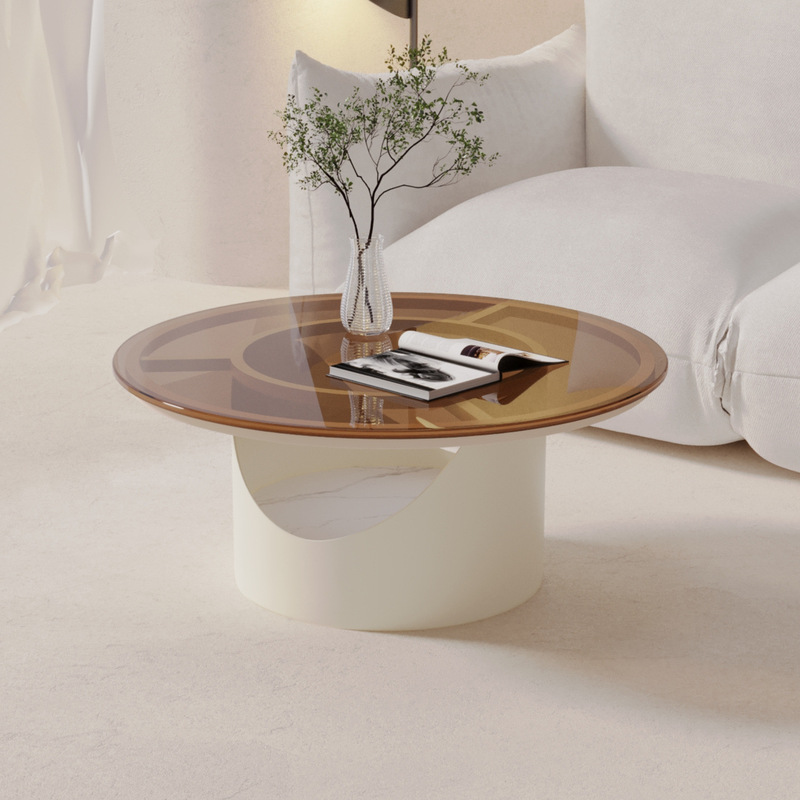 Tea-colored tempered glass coffee table living room round small table modern simple glass surface small