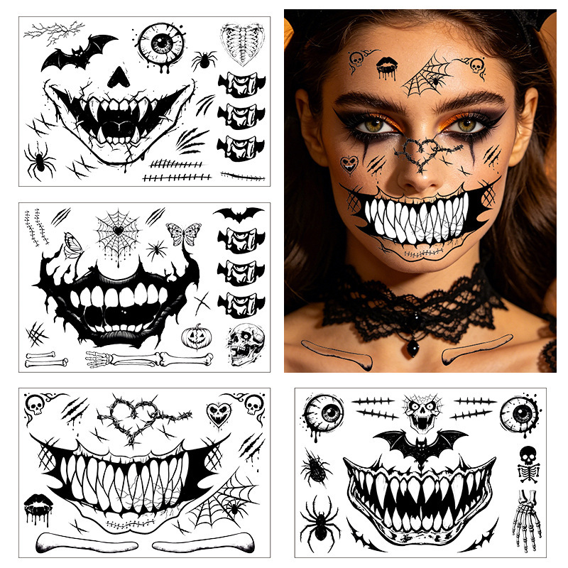 Cross-Border New Halloween Big Mouth Face Stickers Waterproof Dance Party Tattoo Stickers Party Makeup Funny Face Stickers Wholesale