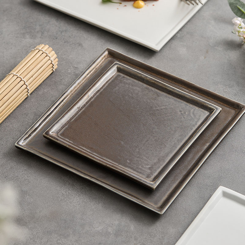 Postres de cerámica japonesa cuadrada hecha a mano, bocadillos de comida occidental, platos de sushi, platos de sashimi, platos de decoración, cubiertos de hotel