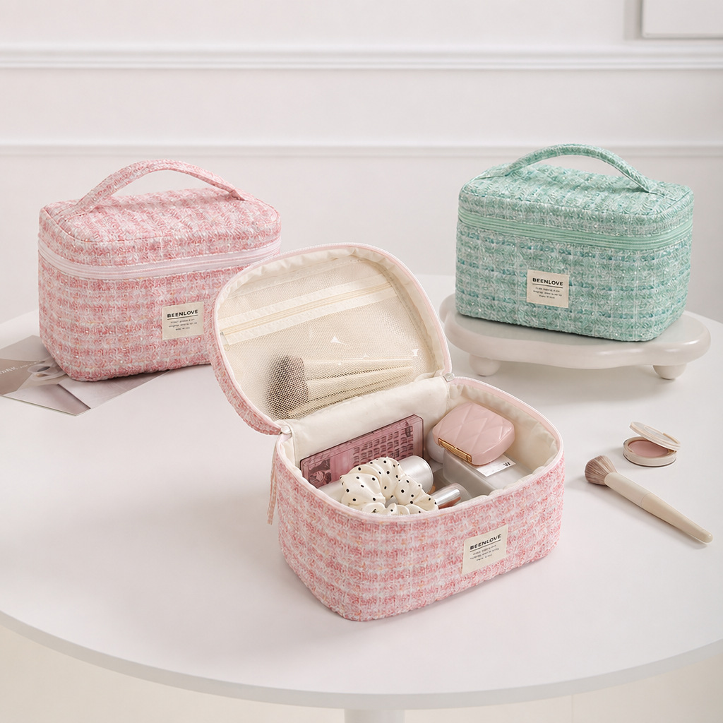 Bolsa de Cosméticos Bordada Runhui con Diseño de Cielo y Tierra, Bolsa de Maquillaje de Viaje, Bolsa de Cosméticos Pequeña Estilo Chanel, Gran Capacidad, Sensación de Alta Gama