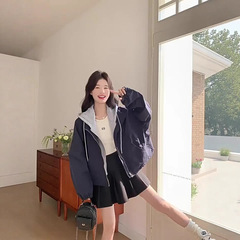 韩系别致连帽卫衣拼接假两件短款外套女春季设计感小众学院风夹克