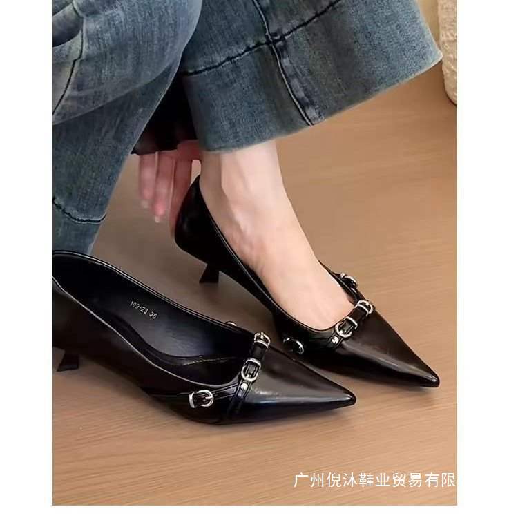 Shoes New French Socialite Kitten Spring and Autumn 2025 Black High Heels Women's Silver Single Shoes Temperament Pointed Toe