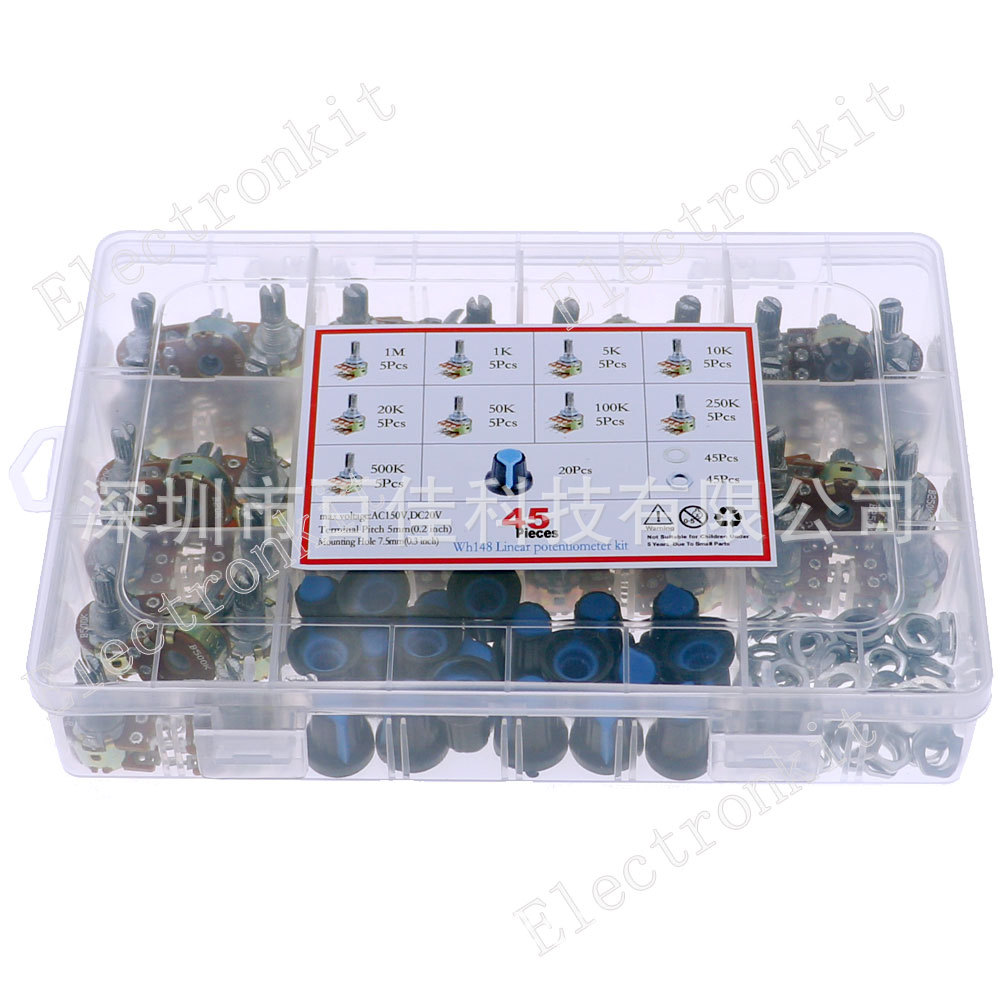 45个 B1K/2K/5K/10K/20K/50K/100K/500K/1M配旋钮 双联电位器套装