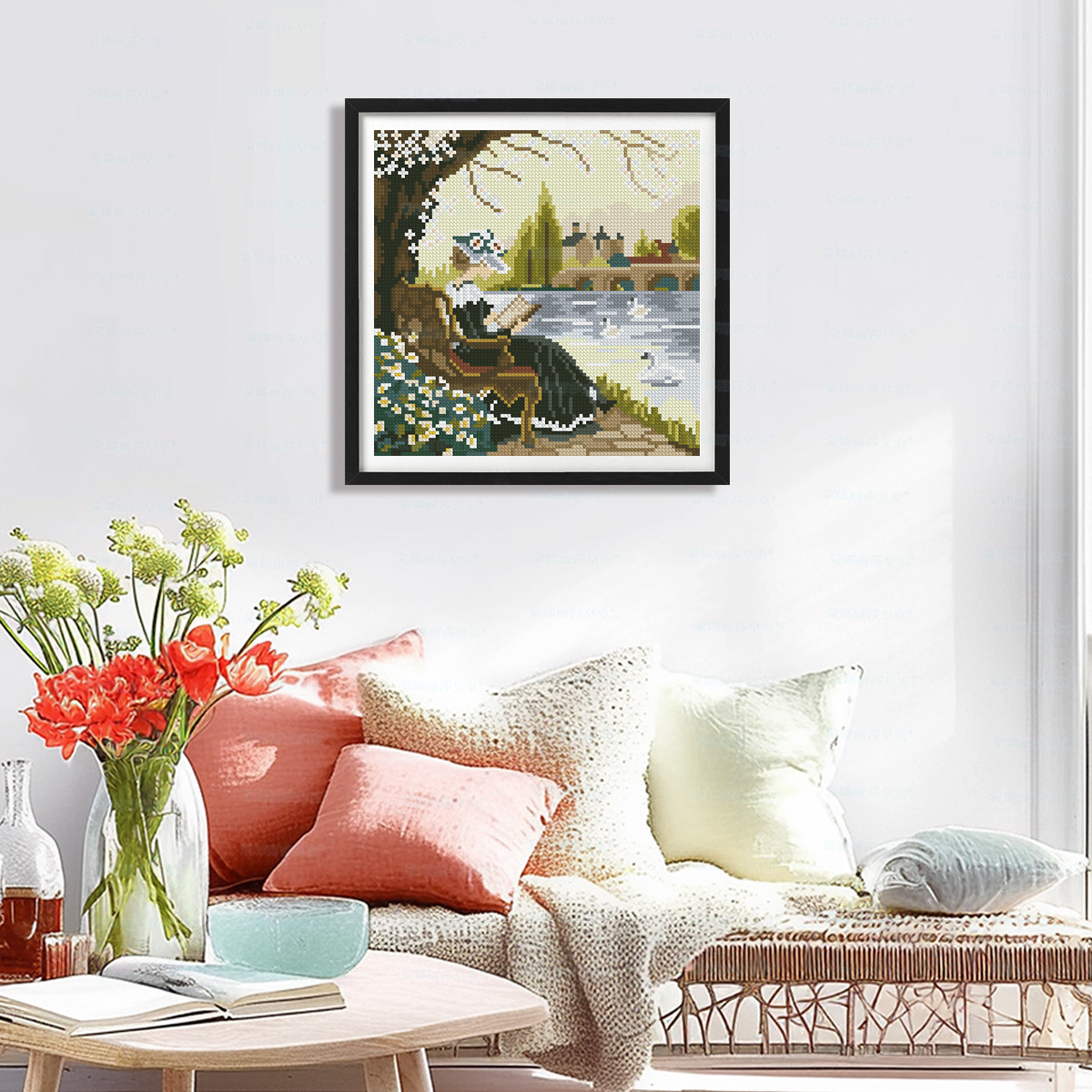 Mona Lisa real punto de cruz junto al lago tiempo de lectura tranquila nueva sala de estar simple sala de estudio pintura decorativa bordado de hilo hecho a mano image 6