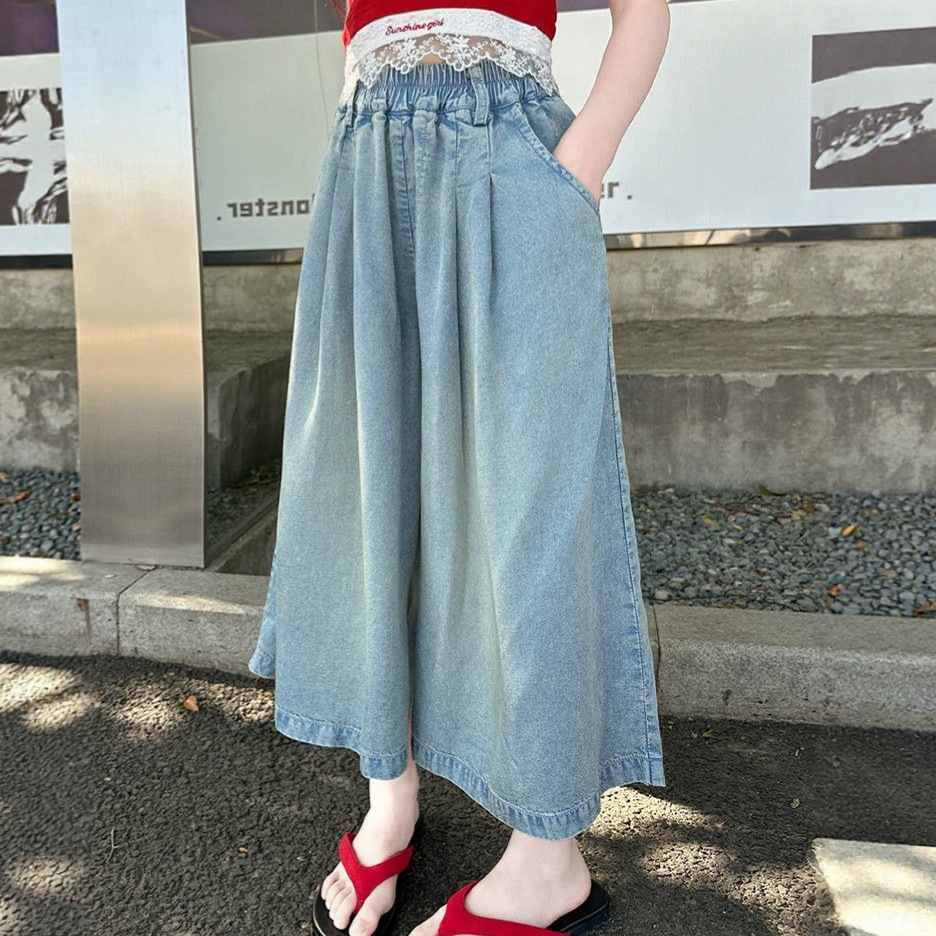 Niñas Tencel pantalones de verano 2026 nuevos niños de cintura alta jeans pantalones de siete puntos para niños grandes pantalones de piernas largas casuales delgados