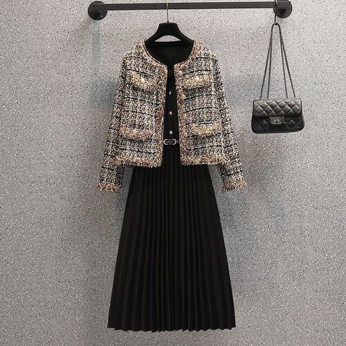 Women's Large Size Autumn/Winter Set Stylish Cardigan Outerwear Fashion Slimming Matchable Dress Two-Piece Set