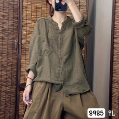 2025秋韩版宽松贴布大口袋双层纱立领衬衫百搭休闲衬衣女8985
