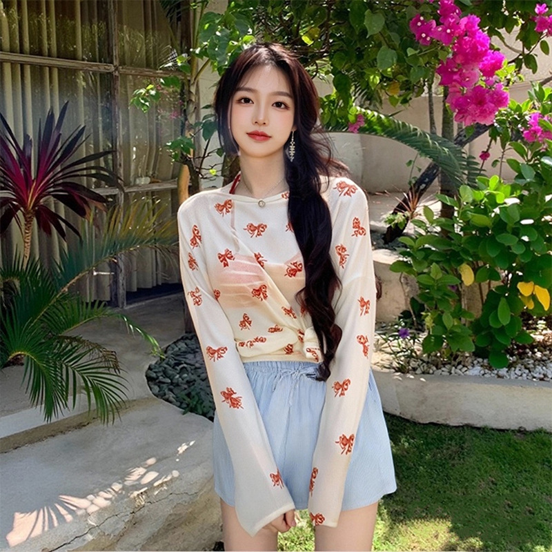 Blusa de manga larga, bikini, traje de baño de tres piezas para mujer, chica sexy, traje de baño de aguas termales de vacaciones de playa blanca