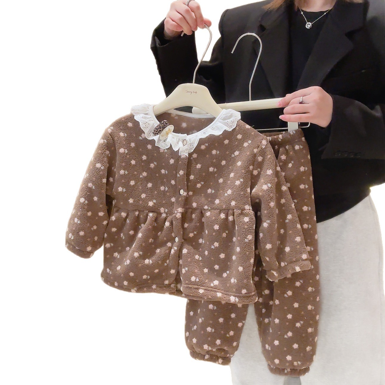 Ropa de hogar infantil otoño-invierno niñas coreana dulce lindos cardigans calentadores pijamas bebé encaje conjunto de ropa infantil image 6
