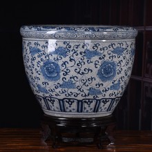 手绘青花瓷陶瓷鱼缸荷花缸栽花花盆复古开片老式水缸庭院室外摆件