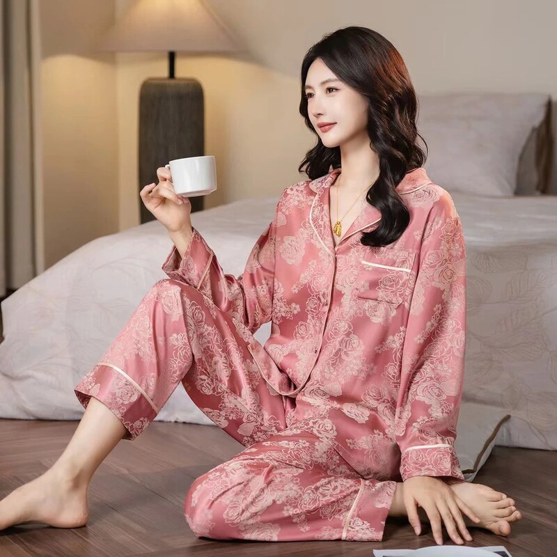 Women's New Style Lapel Cardigan Long-Sleeve Loungewear Chinese Style Set Spring and Autumn Pajamas Ice Silk Early Spring Home Sleepwear