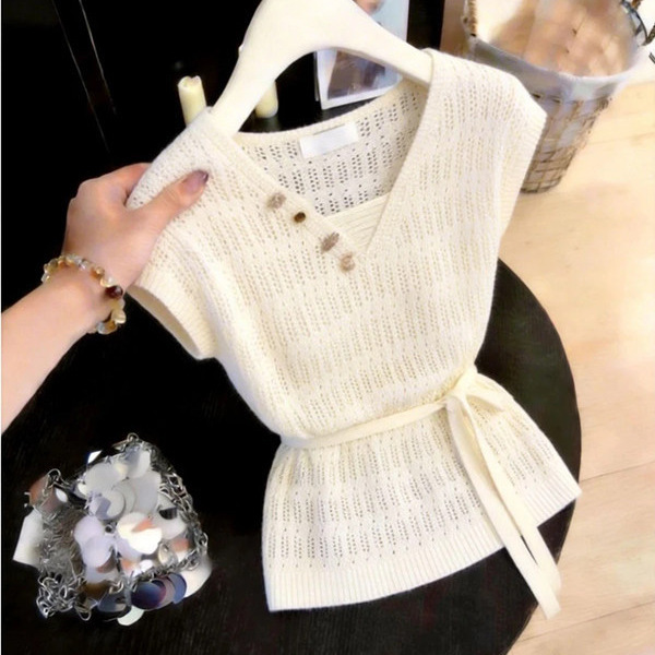 Hollow-Out Summer New Style 2026 Fashionable and Chic Beautiful Blouse with a Slimming Design Knitted T-Shirt Top Hollow-Out Summer New Style 2026 Fashionable and Chic Beautiful Blouse with a Slimming Design Knitted T-Shirt Top