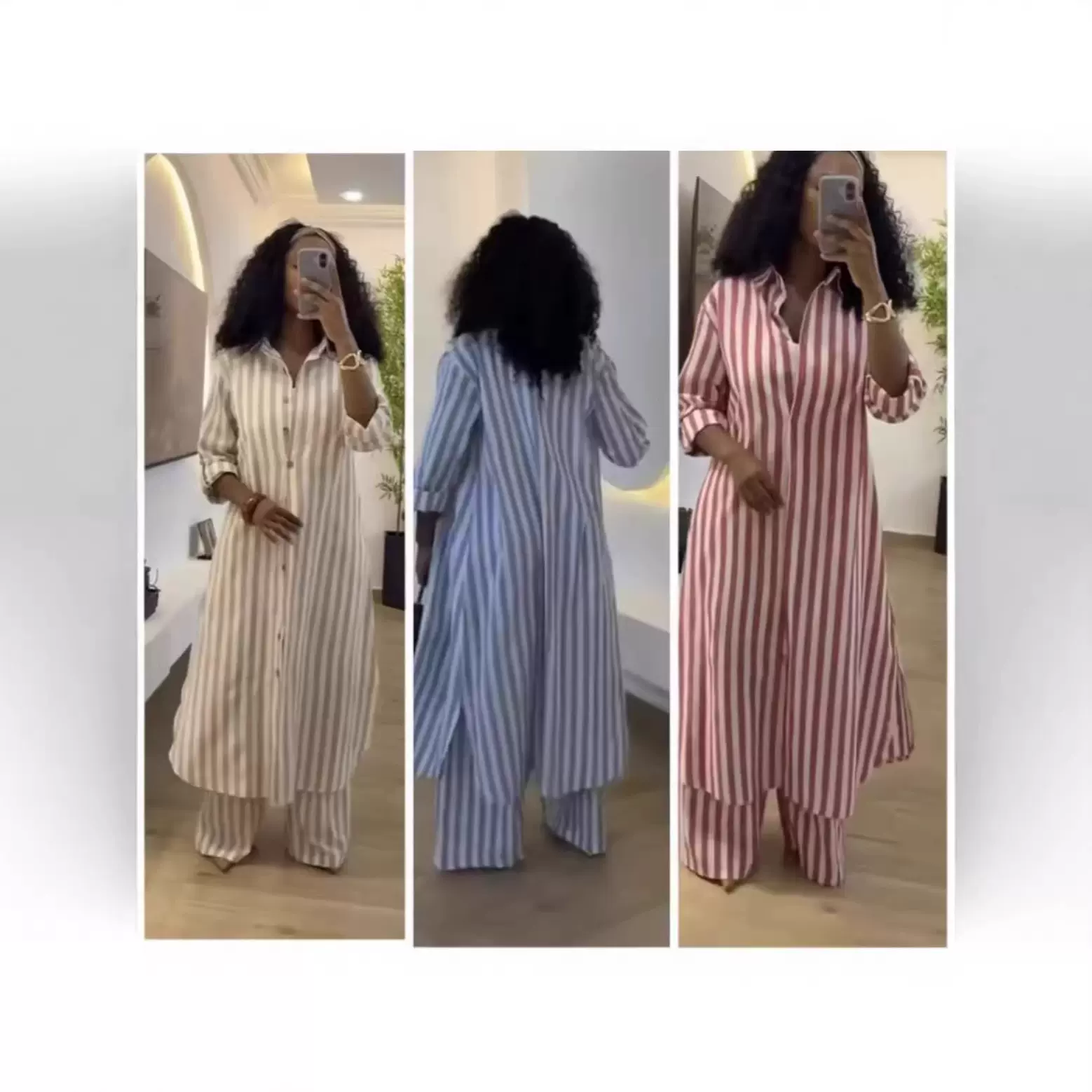 2026新款亚马逊wish中长款时尚套装跨境条纹长袖大码衬衣女三件套