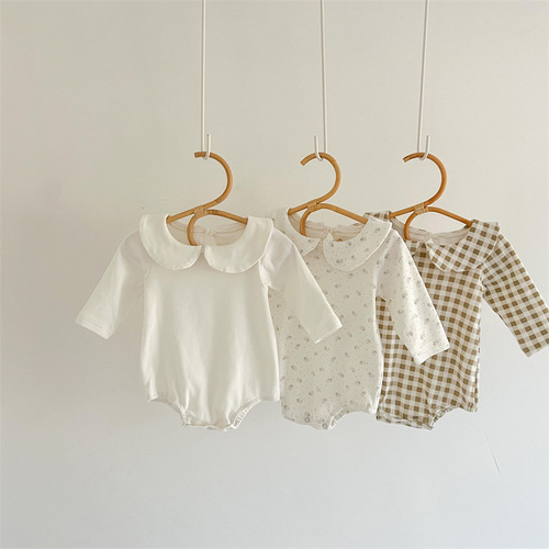 INS Autumn Infant and Toddler Garment Plaid White Floral Coverall Cotton Baby Lapel Long Sleeve Romper