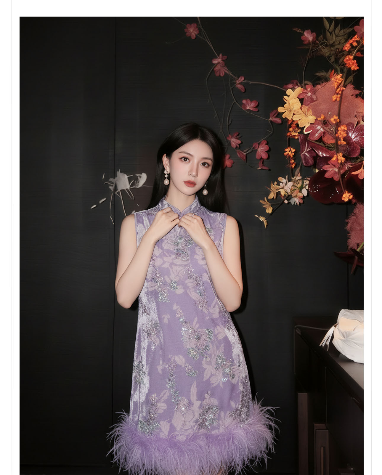 Đầm maxi nữ thắt eo phong cách cổ điển sang trọng kết hợp lông đà điểu và đính sequin thêu — màu tím chi tiết 9
