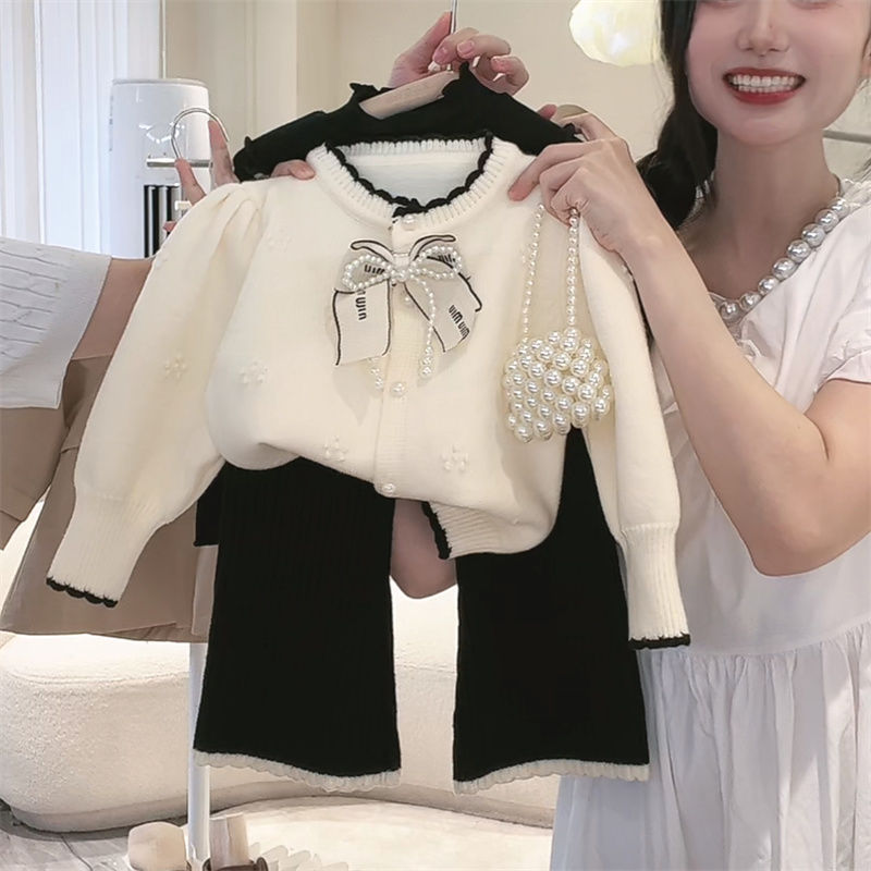 女童秋季套装2025秋季韩系女宝宝小香风毛衣外套宽松喇叭裤两件套|undefined