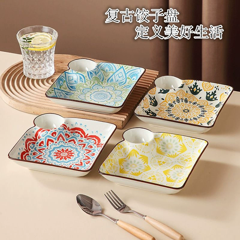 Ceramic Dumplings Plate - Retro Glazed Underglazed Color Dish for Dumplings & Chips, Cartoon Plate