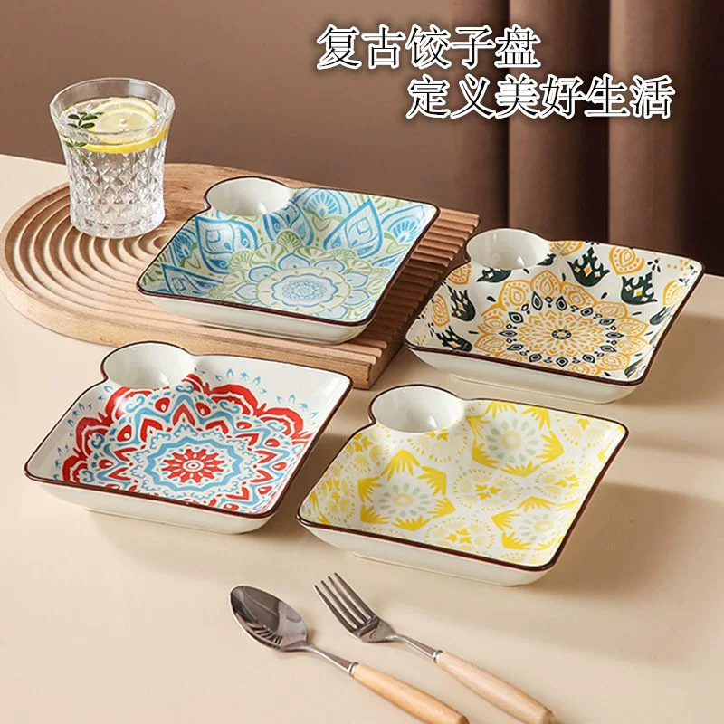 Ceramic Dumplings Plate - Retro Glazed Underglazed Color Dish for Dumplings & Chips, Cartoon Plate