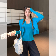 韩系纯色坑条半开领排扣长袖针织开衫2025秋季新款修身外套上衣女