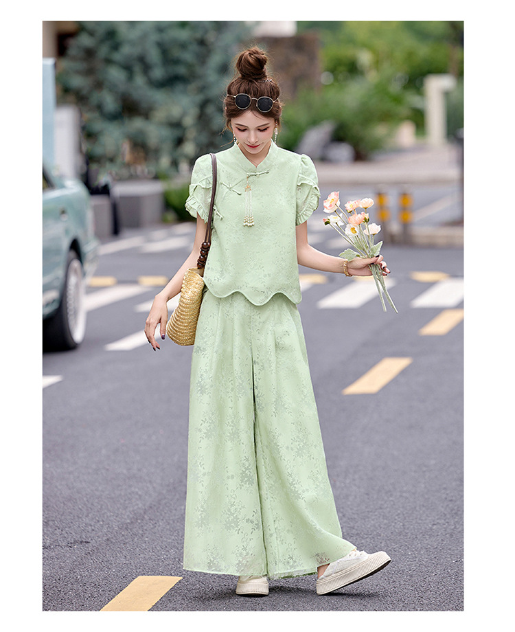Bộ váy hai mảnh tay ngắn phong cách Trung Hoa cổ điển họa tiết jacquard mùa hè 2025 — Màu vàng be, Màu xanh lá chi tiết 23