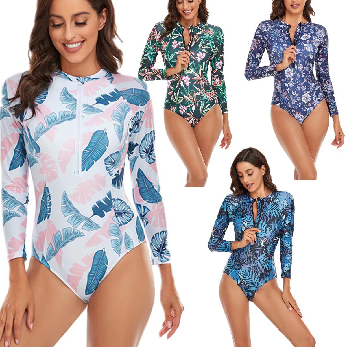 2023 New One-piece Swimsuit Women's Sexy European and American Sports Long Sleeve Printed AliExpress Cross-border Foreign Trade Surfing Swimsuit