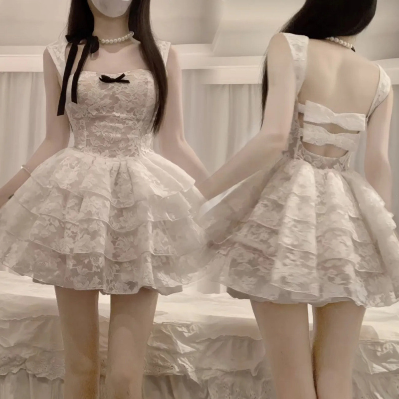 Bow Backless Dress, Cute Waist-Cinching French Girl Lace Sweet Princess Suspender Cake Puffy Skirt