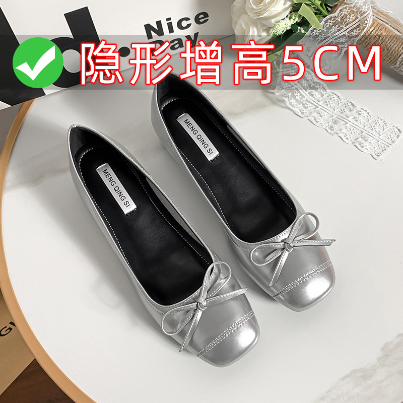 真皮法式复古平底芭蕾舞鞋女方头瓢鞋内增高蝴蝶结单鞋小码奶奶鞋