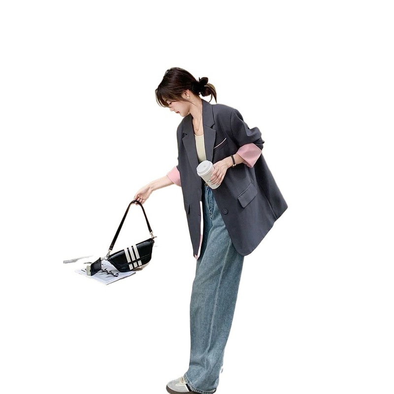 灰色时尚拼接撞色西装外套女春秋2025新款休闲宽松气质高级感西服|undefined
