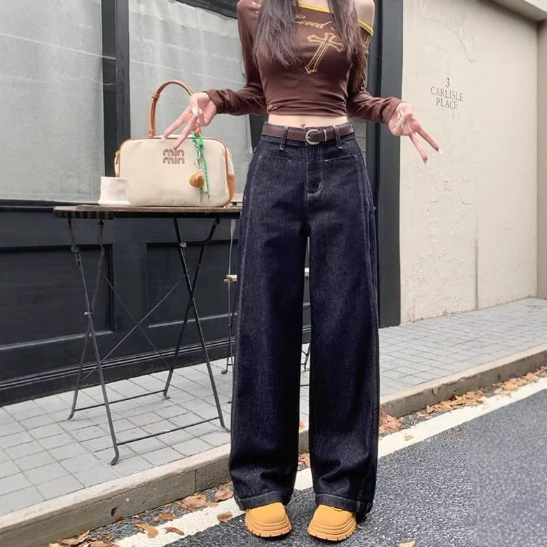 plus size Retro American Jeans Women's Autumn and Winter 2025 New chubby girl Loose High Waist Slimming Straight Leg Wide Leg Pants