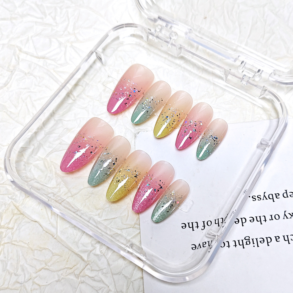 Arco iris lentejuelas almendras uñas vestidas a mano atmósferas coloridas uñas 10 piezas parche de uñas ojo de gato