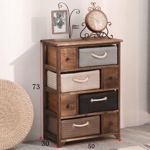 Solid Wood Bedside Table, Simple Bedroom Bedside Cabinet, Retro Storage Locker, Cupboard, Pastoral Rattan Storage Cabinet