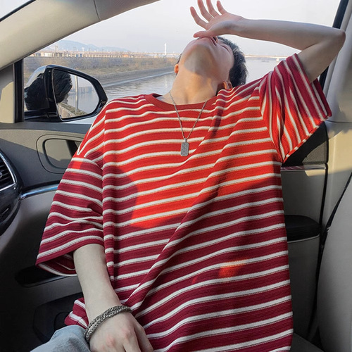 American Striped Short-Sleeve T-Shirt for Men - Summer Trend Brand, Retro Round Neck Clothing - Loose Youth Pure Cotton Half-Sleeve