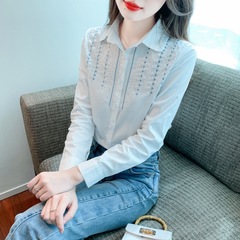 春秋季2025新款女装时尚刺绣纯棉衬衫女洋气白色衬衣修身职业上衣