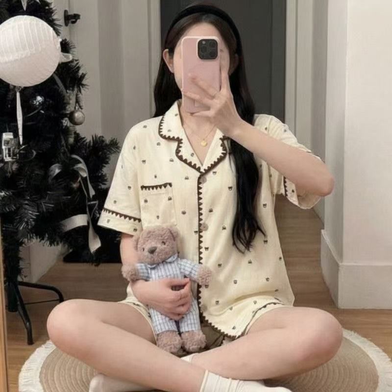 Pijamas de media luna al por mayor transfronterizos de verano de nuevo algodón nubes con solapa de manga corta pantalones cortos casuales set de ropa casera