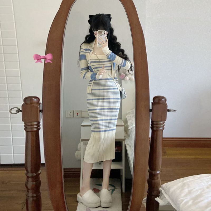 甜辣纯欲针织衫+吊带连衣裙子女温柔系气质小香风两件套装秋冬季|undefined