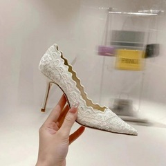 真皮羊皮超火JC红色婚鞋女新娘鞋秀禾婚纱蕾丝网纱白色高跟鞋单鞋