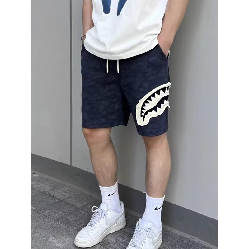 2025 Summer Shark Mouth Patch Shorts American High Street Five-Point Pants Men's and Women's Casual Sports Mid-Pants Drawstring