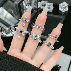 個性暗黑蝴蝶結愛心十字架黑鑽開口戒指女小眾設計輕奢百搭食指戒