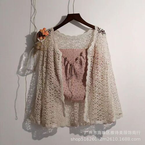 Mesh short-sleeve sun protective jacket for women, suitable for outerwear, layering, and open sweater with embroidery and hollow design.