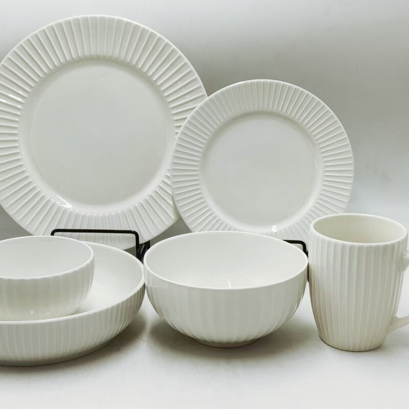 Pure White Ceramic Tableware Japanese Style Embossed Bowl and Dish Household Simple French Style Rice Bowl Noodle Bowl Soup Bowl Steak Plate Flat Plate