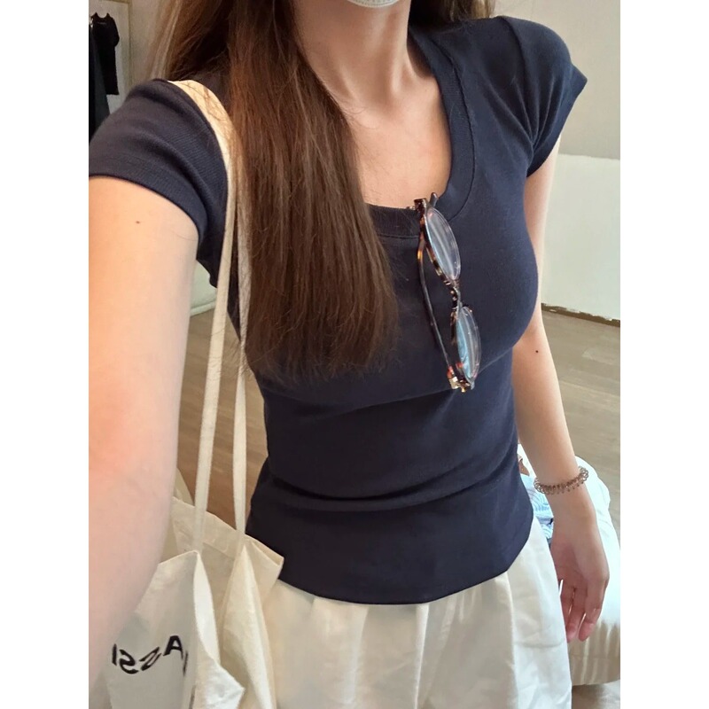 Basic Shoulder U-neck Threaded Slim-fit Short-sleeved Women's Summer Inner Slim Shoulder T-shirt Inner Top Base Shirt