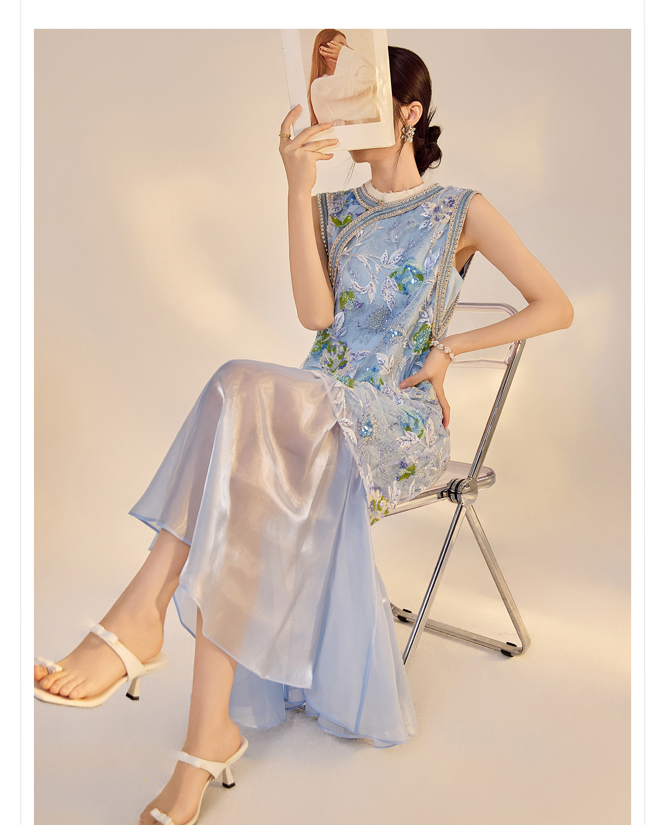 Váy sườn xám maxi thêu sequin phong cách Trung Quốc mới mùa hè N5042 — hồng, Xanh lam sông băng chi tiết 7